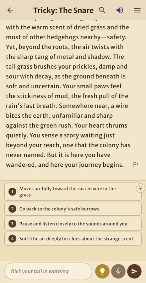 An adventure in progress: narration, then four numbered choices