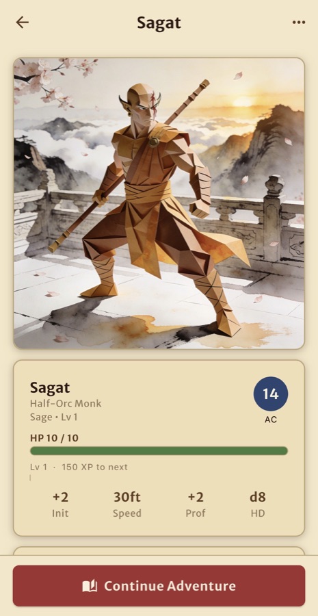 A character sheet: a paper figurine, hit points, armour class and ability scores