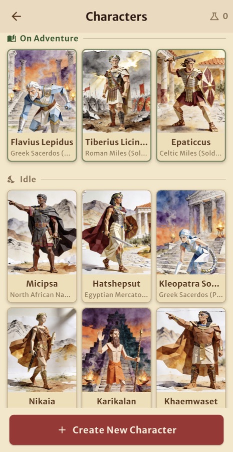A roster of characters as paper figurines, from Greek, Roman, Celtic and Egyptian cultures