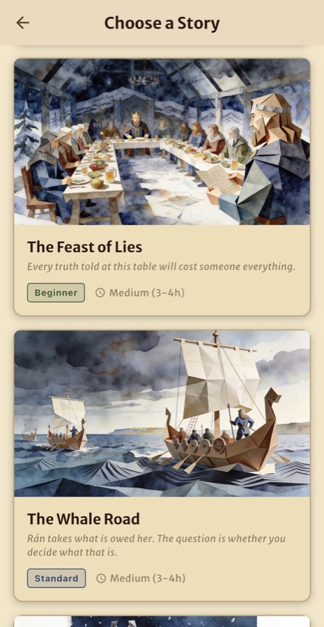 Choosing a story, with cover art, length and difficulty for each adventure